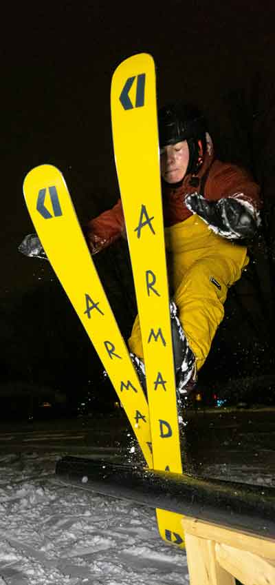 Armada BDOG pro-model skis on a rail