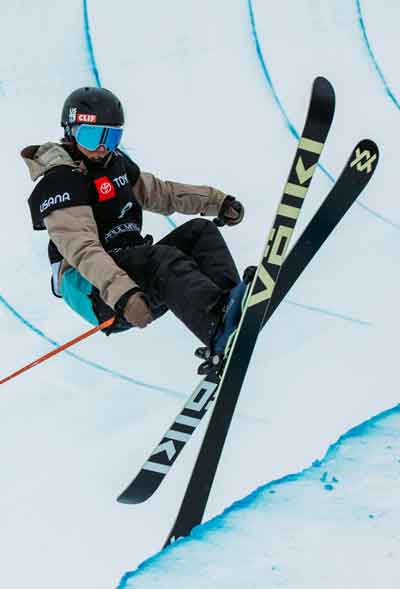 Völkl Revolt 86 skis in a halfpipe