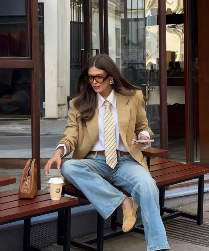 Woman with butter yellow blazer and tie