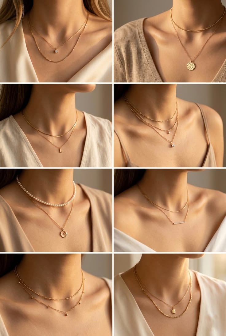A girl's neck is showing different ways to layer necklaces.
